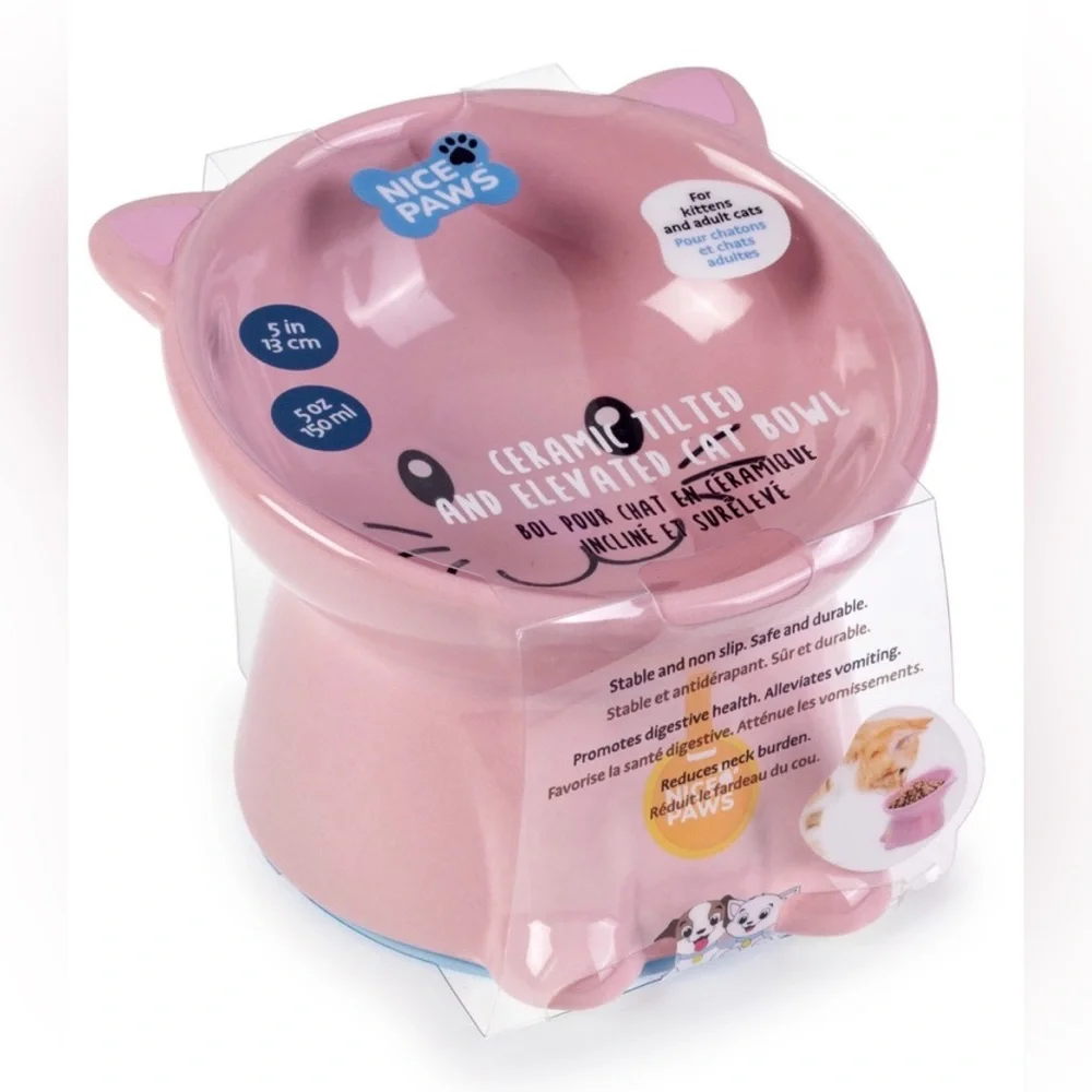 Nice Paws Tilted Cat Bowl - Pink Elevated New
